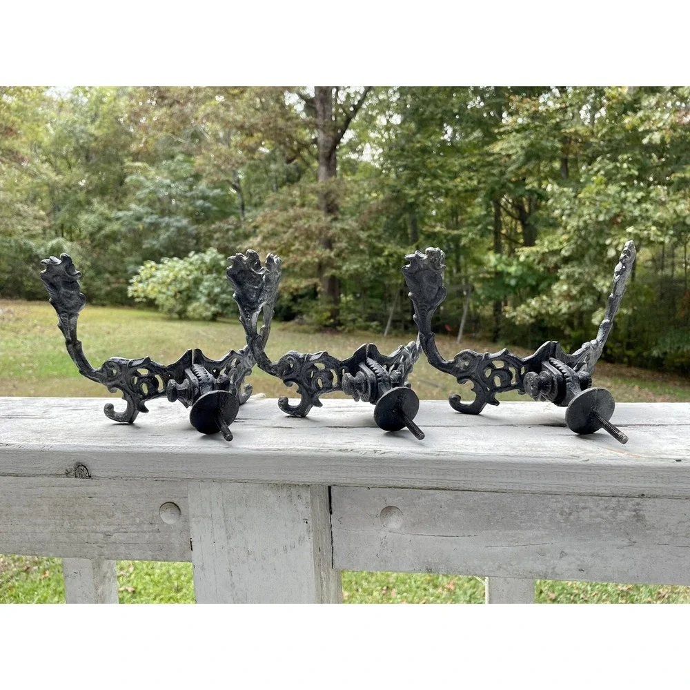 Antique Cast Iron Adjustable Tree Hooks Victorian Face Art Nouveau Set of 3